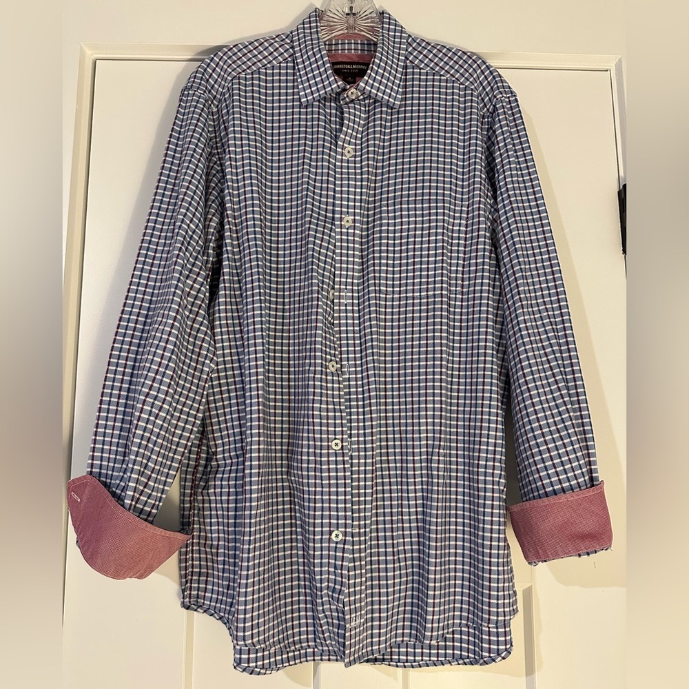 Johnston & Murphy Blue and White Red Checkered Shirt M long sleeved